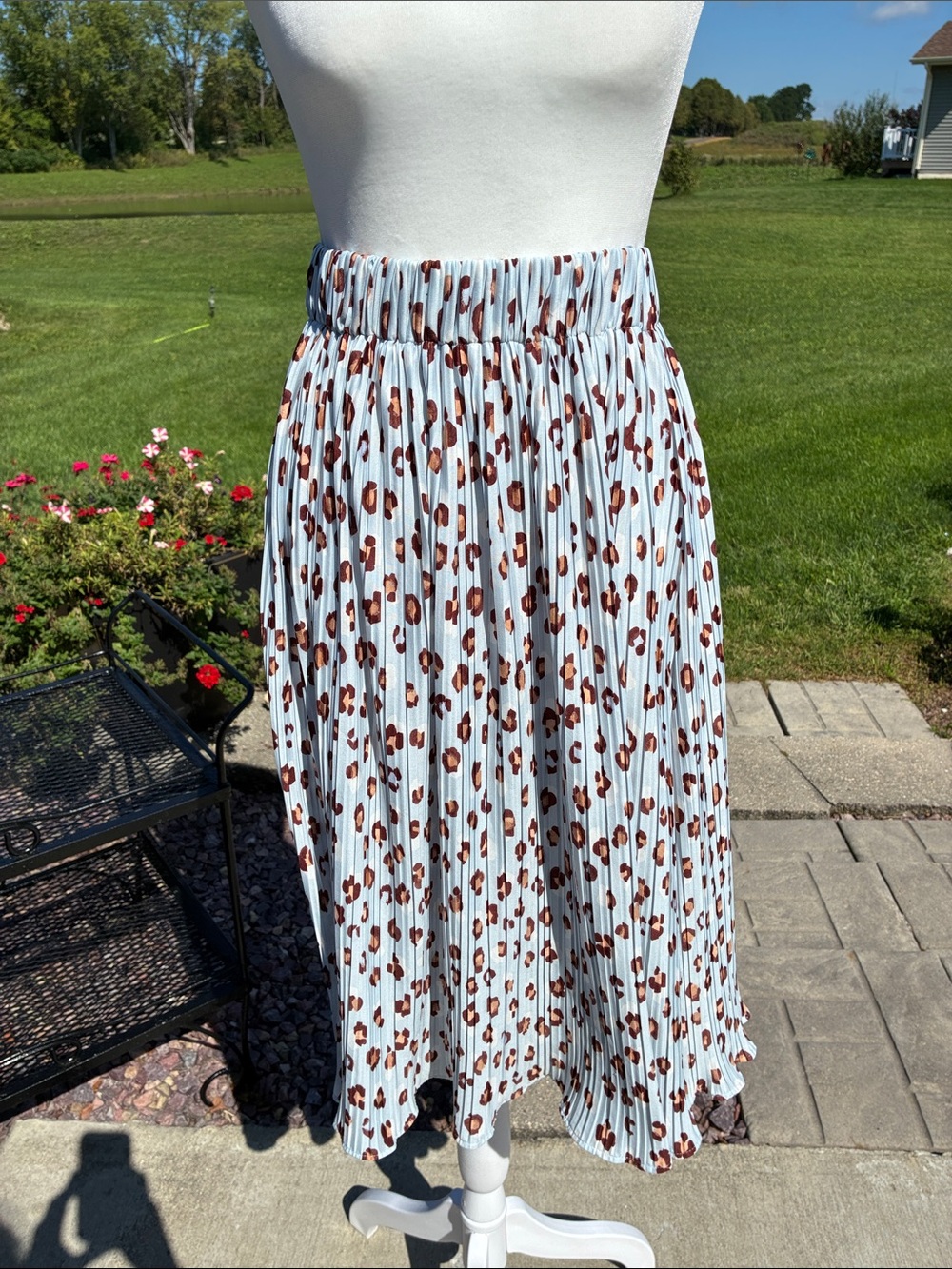 Ann Taylor Pleated Midi Skirt in Light Blue with Brown Leopard Print